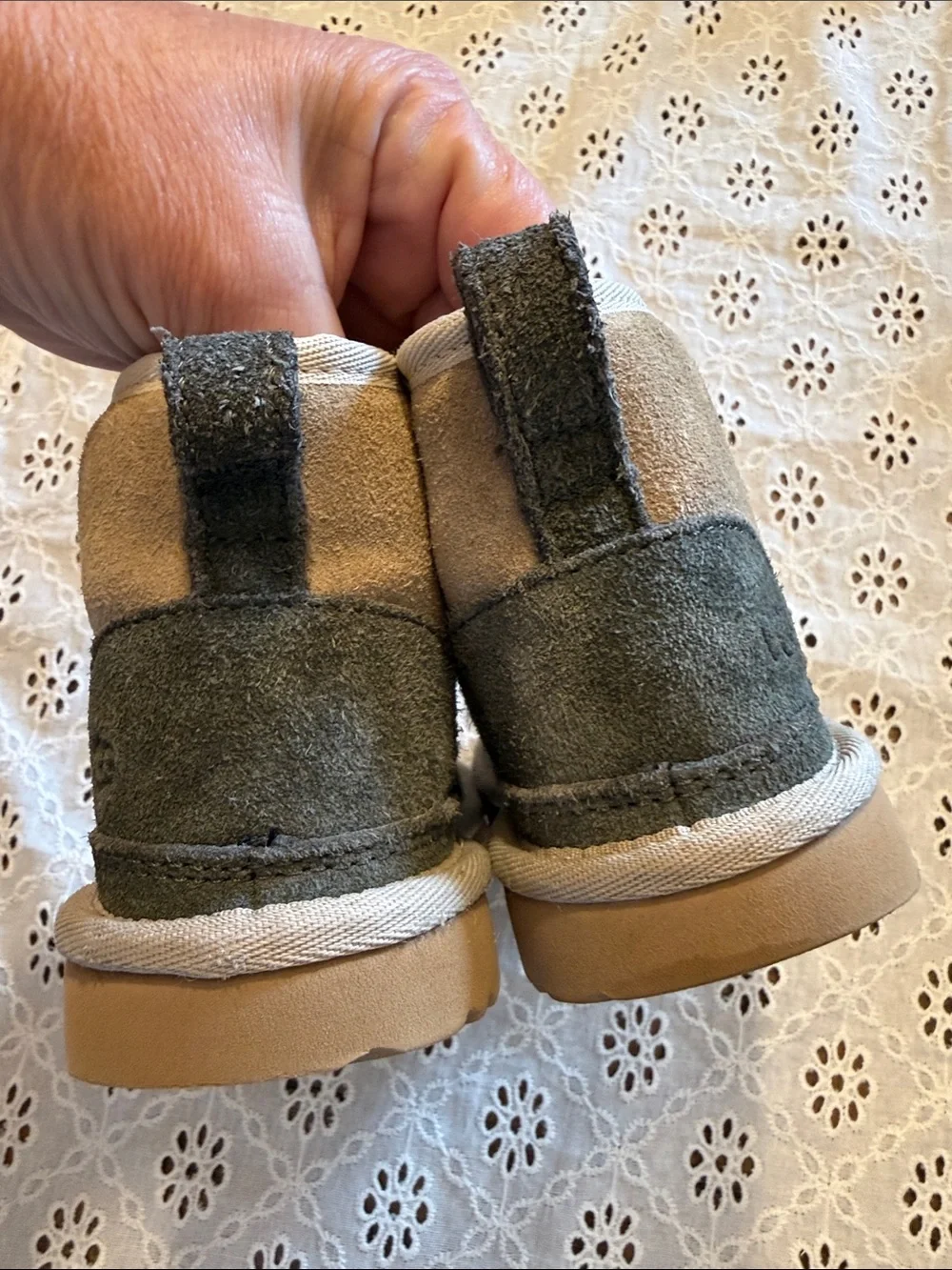 UGG Kids Two-Tone Suede Boot in Beige and Olive